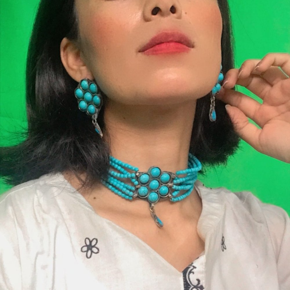Vintage Turquoise Flower Choker Necklace and Earrings Set: Afghan Boho Jewelry